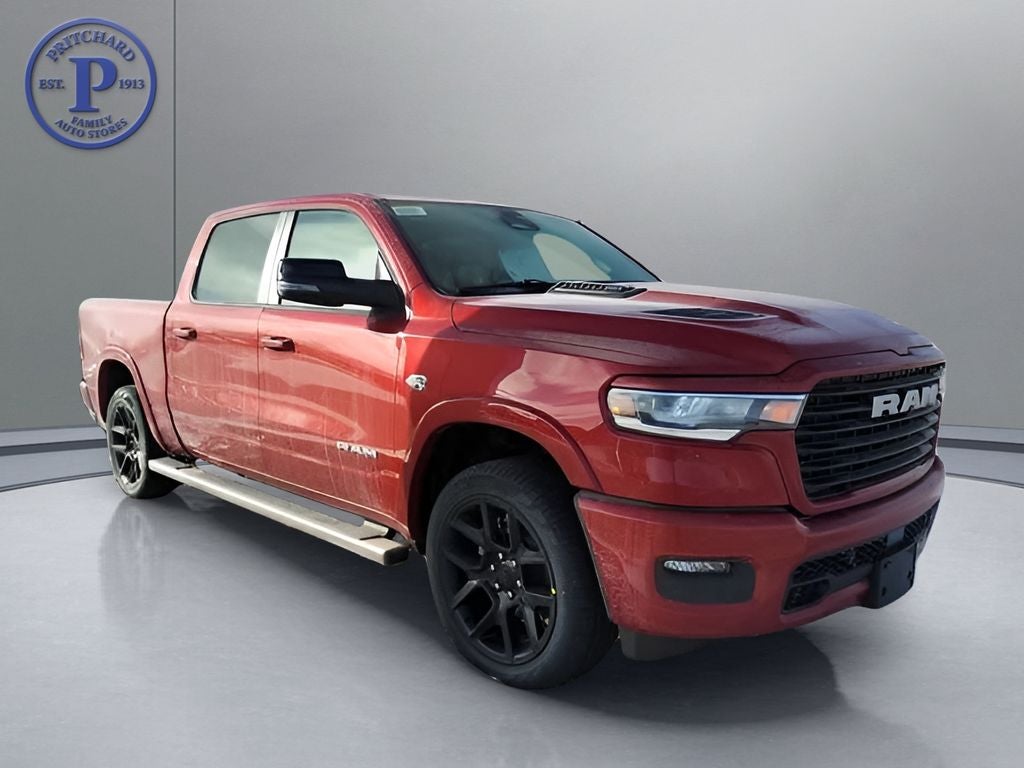 2026 RAM Ram 1500 RAM 1500 LARAMIE CREW CAB 4X4 5'7' BOX in Molten Red Pearl-Coat Exterior Paint — front three-quarter view